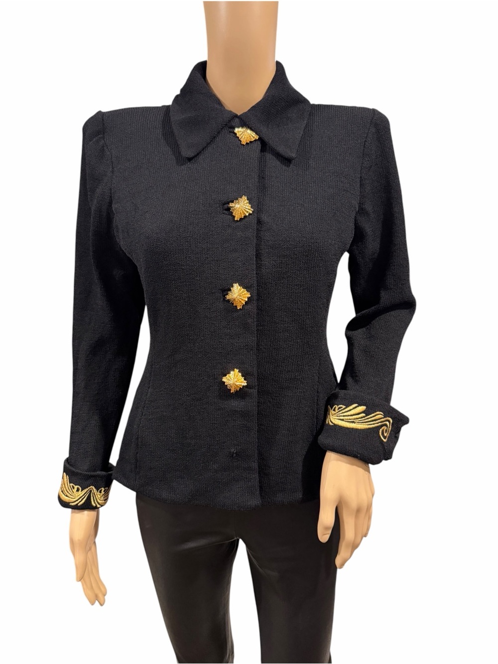 Vintage St. John Collection Blazer Womens Black Wool Knit Gold Button size 4